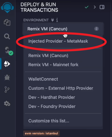 Select injected provider -MetaMask Deployment Environment